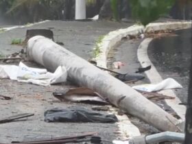 Caminhão escorrega na pista e derruba poste em Barueri